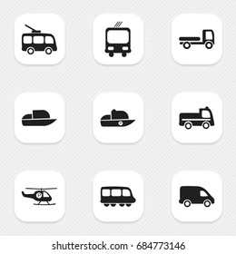Set Of 9 Editable Transportation Icons. Includes Symbols Such As Motorbus, Haulage, Helicopter And More. Can Be Used For Web, Mobile, UI And Infographic Design.