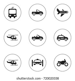 Set Of 9 Editable Transportation Icons. Includes Symbols Such As Motorbike, Helicopter, Emergency Copter And More. Can Be Used For Web, Mobile, UI And Infographic Design.