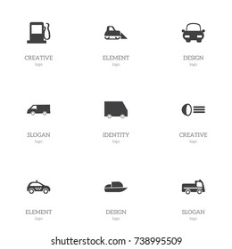 Set Of 9 Editable Transportation Icons. Includes Symbols Such As Automotive, Fuel, Cab And More. Can Be Used For Web, Mobile, UI And Infographic Design.