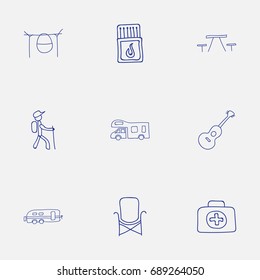 Set Of 9 Editable Travel Doodles. Includes Symbols Such As Campfire Cooking, Medical Kit, Camper And More. Can Be Used For Web, Mobile, UI And Infographic Design.