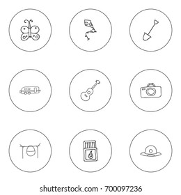 Set Of 9 Editable Travel Doodles. Includes Symbols Such As Musical Instrument, Beauty Insect, Photographing And More. Can Be Used For Web, Mobile, UI And Infographic Design.