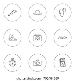 Set Of 9 Editable Travel Doodles. Includes Symbols Such As Beach Hat, Photographing, Wrist Clock And More. Can Be Used For Web, Mobile, UI And Infographic Design.