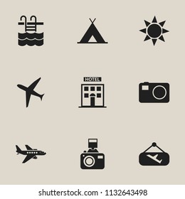 Set of 9 editable travel icons. Includes symbols such as photographing, swimming pool, summer and more. Can be used for web, mobile, UI and infographic design.