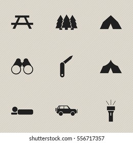 Set Of 9 Editable Travel Icons. Includes Symbols Such As Refuge, Field Glasses, Clasp-Knife And More. Can Be Used For Web, Mobile, UI And Infographic Design.