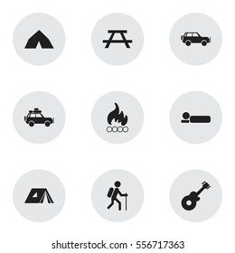 Set Of 9 Editable Travel Icons. Includes Symbols Such As Voyage Car, Shelter, Sport Vehicle And More. Can Be Used For Web, Mobile, UI And Infographic Design.