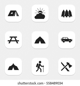 Set Of 9 Editable Travel Icons. Includes Symbols Such As Sunrise, Shelter, Refuge And More. Can Be Used For Web, Mobile, UI And Infographic Design.