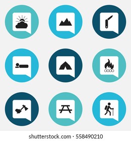 Set Of 9 Editable Travel Icons. Includes Symbols Such As Clasp-Knife, Bedroll, Gait And More. Can Be Used For Web, Mobile, UI And Infographic Design.