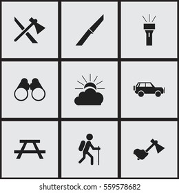 Set Of 9 Editable Travel Icons. Includes Symbols Such As Sunrise, Knife, Ax And More. Can Be Used For Web, Mobile, UI And Infographic Design.