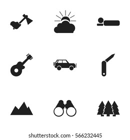 Set Of 9 Editable Travel Icons. Includes Symbols Such As Sport Vehicle, Musical Instrument, Clasp-Knife And More. Can Be Used For Web, Mobile, UI And Infographic Design.