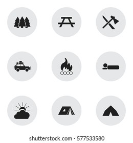 Set Of 9 Editable Travel Icons. Includes Symbols Such As Sunrise, Voyage Car, Blaze And More. Can Be Used For Web, Mobile, UI And Infographic Design.