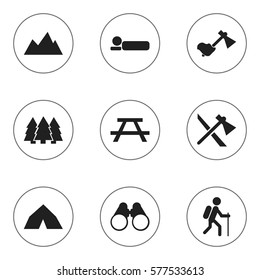 Set Of 9 Editable Travel Icons. Includes Symbols Such As Pine, Field Glasses, Tepee And More. Can Be Used For Web, Mobile, UI And Infographic Design.