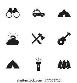 Set Of 9 Editable Travel Icons. Includes Symbols Such As Musical Instrument, Sunrise, Field Glasses And More. Can Be Used For Web, Mobile, UI And Infographic Design.
