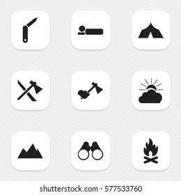Set Of 9 Editable Travel Icons. Includes Symbols Such As Ax, Tomahawk, Peak And More. Can Be Used For Web, Mobile, UI And Infographic Design.
