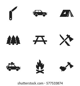 Set Of 9 Editable Travel Icons. Includes Symbols Such As Ax, Tomahawk, Desk And More. Can Be Used For Web, Mobile, UI And Infographic Design.