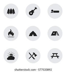 Set Of 9 Editable Travel Icons. Includes Symbols Such As Bedroll, Tepee, Musical Instrument And More. Can Be Used For Web, Mobile, UI And Infographic Design.