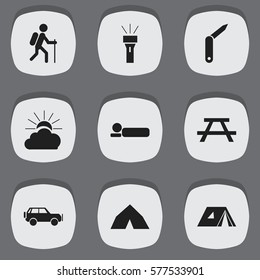 Set Of 9 Editable Travel Icons. Includes Symbols Such As Shelter, Clasp-Knife, Sport Vehicle And More. Can Be Used For Web, Mobile, UI And Infographic Design.