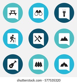 Set Of 9 Editable Travel Icons. Includes Symbols Such As Field Glasses, Refuge, Desk And More. Can Be Used For Web, Mobile, UI And Infographic Design.