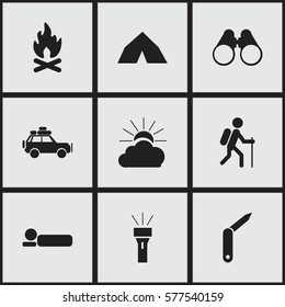 Set Of 9 Editable Travel Icons. Includes Symbols Such As Lantern, Field Glasses, Sunrise And More. Can Be Used For Web, Mobile, UI And Infographic Design.