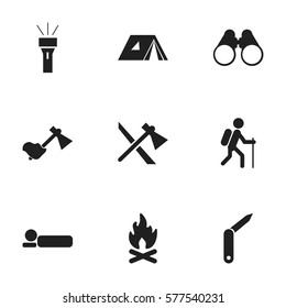 Set Of 9 Editable Travel Icons. Includes Symbols Such As Lantern, Ax, Tomahawk And More. Can Be Used For Web, Mobile, UI And Infographic Design.