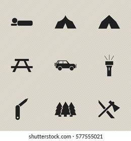 Set Of 9 Editable Travel Icons. Includes Symbols Such As Refuge, Sport Vehicle, Clasp-Knife And More. Can Be Used For Web, Mobile, UI And Infographic Design.