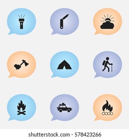 Set Of 9 Editable Travel Icons. Includes Symbols Such As Lantern, Ax, Tepee And More. Can Be Used For Web, Mobile, UI And Infographic Design.