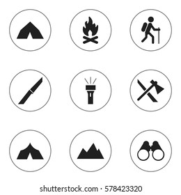 Set Of 9 Editable Travel Icons. Includes Symbols Such As Gait, Peak, Tomahawk And More. Can Be Used For Web, Mobile, UI And Infographic Design.