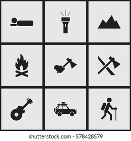 Set Of 9 Editable Travel Icons. Includes Symbols Such As Ax, Musical Instrument, Tomahawk And More. Can Be Used For Web, Mobile, UI And Infographic Design.