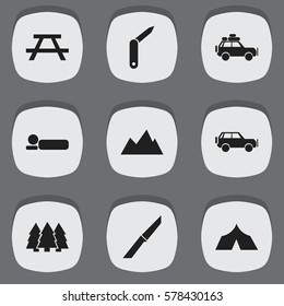 Set Of 9 Editable Travel Icons. Includes Symbols Such As Voyage Car, Refuge, Bedroll And More. Can Be Used For Web, Mobile, UI And Infographic Design.