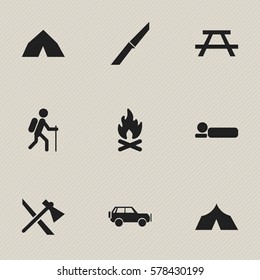 Set Of 9 Editable Travel Icons. Includes Symbols Such As Sport Vehicle, Tepee, Gait And More. Can Be Used For Web, Mobile, UI And Infographic Design.