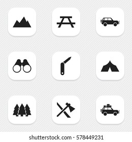 Set Of 9 Editable Travel Icons. Includes Symbols Such As Peak, Field Glasses, Tomahawk And More. Can Be Used For Web, Mobile, UI And Infographic Design.