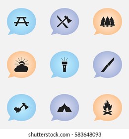Set Of 9 Editable Travel Icons. Includes Symbols Such As Pine, Sunrise, Refuge And More. Can Be Used For Web, Mobile, UI And Infographic Design.