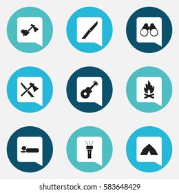Set Of 9 Editable Travel Icons. Includes Symbols Such As Tepee, Tomahawk, Lantern And More. Can Be Used For Web, Mobile, UI And Infographic Design.