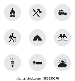 Set Of 9 Editable Travel Icons. Includes Symbols Such As Bedroll, Sunrise, Gait And More. Can Be Used For Web, Mobile, UI And Infographic Design.