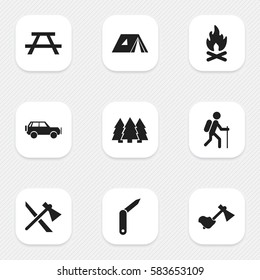 Set Of 9 Editable Travel Icons. Includes Symbols Such As Ax, Pine, Gait And More. Can Be Used For Web, Mobile, UI And Infographic Design.