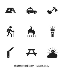 Set Of 9 Editable Travel Icons. Includes Symbols Such As Desk, Clasp-Knife, Voyage Car And More. Can Be Used For Web, Mobile, UI And Infographic Design.