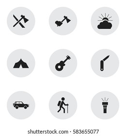Set Of 9 Editable Travel Icons. Includes Symbols Such As Sunrise, Clasp-Knife, Tomahawk And More. Can Be Used For Web, Mobile, UI And Infographic Design.