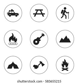 Set Of 9 Editable Travel Icons. Includes Symbols Such As Blaze, Refuge, Musical Instrument And More. Can Be Used For Web, Mobile, UI And Infographic Design.