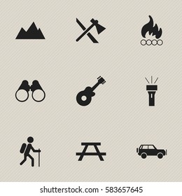 Set Of 9 Editable Travel Icons. Includes Symbols Such As Musical Instrument, Tomahawk, Sport Vehicle And More. Can Be Used For Web, Mobile, UI And Infographic Design.