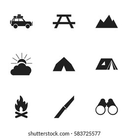 Set Of 9 Editable Travel Icons. Includes Symbols Such As Shelter, Fever, Desk And More. Can Be Used For Web, Mobile, UI And Infographic Design.