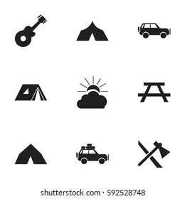 Set Of 9 Editable Travel Icons. Includes Symbols Such As Refuge, Sunrise, Voyage Car And More. Can Be Used For Web, Mobile, UI And Infographic Design.