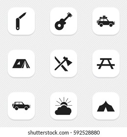 Set Of 9 Editable Travel Icons. Includes Symbols Such As Shelter, Desk, Clasp-Knife And More. Can Be Used For Web, Mobile, UI And Infographic Design.
