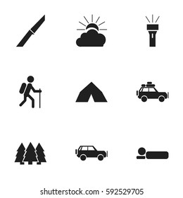 Set Of 9 Editable Travel Icons. Includes Symbols Such As Voyage Car, Bedroll, Sport Vehicle And More. Can Be Used For Web, Mobile, UI And Infographic Design.