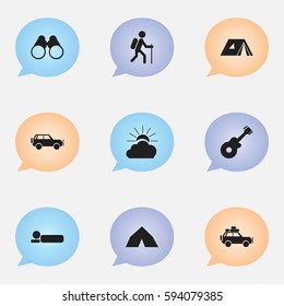 Set Of 9 Editable Travel Icons. Includes Symbols Such As Gait, Musical Instrument, Voyage Car And More. Can Be Used For Web, Mobile, UI And Infographic Design.