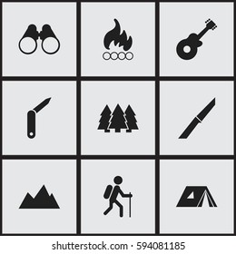 Set Of 9 Editable Travel Icons. Includes Symbols Such As Clasp-Knife, Field Glasses, Peak And More. Can Be Used For Web, Mobile, UI And Infographic Design.