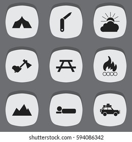 Set Of 9 Editable Travel Icons. Includes Symbols Such As Bedroll, Peak, Clasp-Knife And More. Can Be Used For Web, Mobile, UI And Infographic Design.