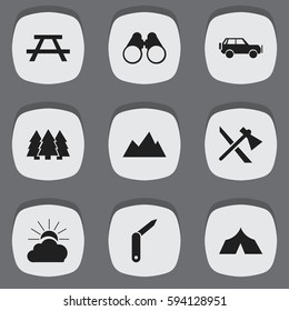 Set Of 9 Editable Travel Icons. Includes Symbols Such As Pine, Sport Vehicle, Refuge And More. Can Be Used For Web, Mobile, UI And Infographic Design.