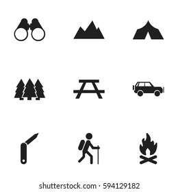 Set Of 9 Editable Travel Icons. Includes Symbols Such As Field Glasses, Sport Vehicle, Peak And More. Can Be Used For Web, Mobile, UI And Infographic Design.