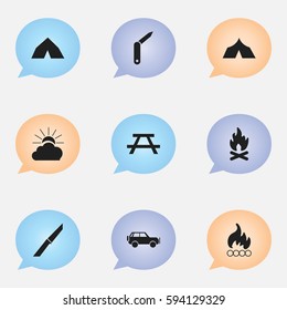Set Of 9 Editable Travel Icons. Includes Symbols Such As Sunrise, Refuge, Clasp-Knife And More. Can Be Used For Web, Mobile, UI And Infographic Design.