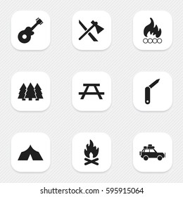Set Of 9 Editable Travel Icons. Includes Symbols Such As Refuge, Pine, Desk And More. Can Be Used For Web, Mobile, UI And Infographic Design.