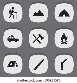 Set Of 9 Editable Travel Icons. Includes Symbols Such As Clasp-Knife, Tepee, Shelter And More. Can Be Used For Web, Mobile, UI And Infographic Design.
